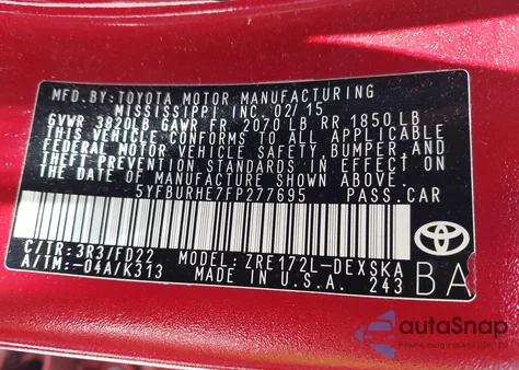 2015 Toyota Corolla S Plus z USA, uszkodzony, nr VIN 5YFBURHE7FP277695